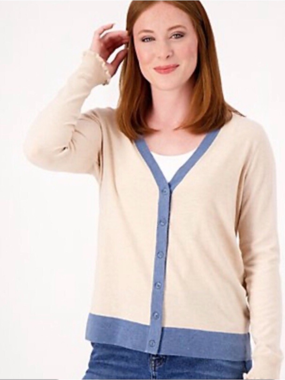 Candace Cameron Bure Colorblock Contrast Trim Knit Top Sweater Beige Blue XXS